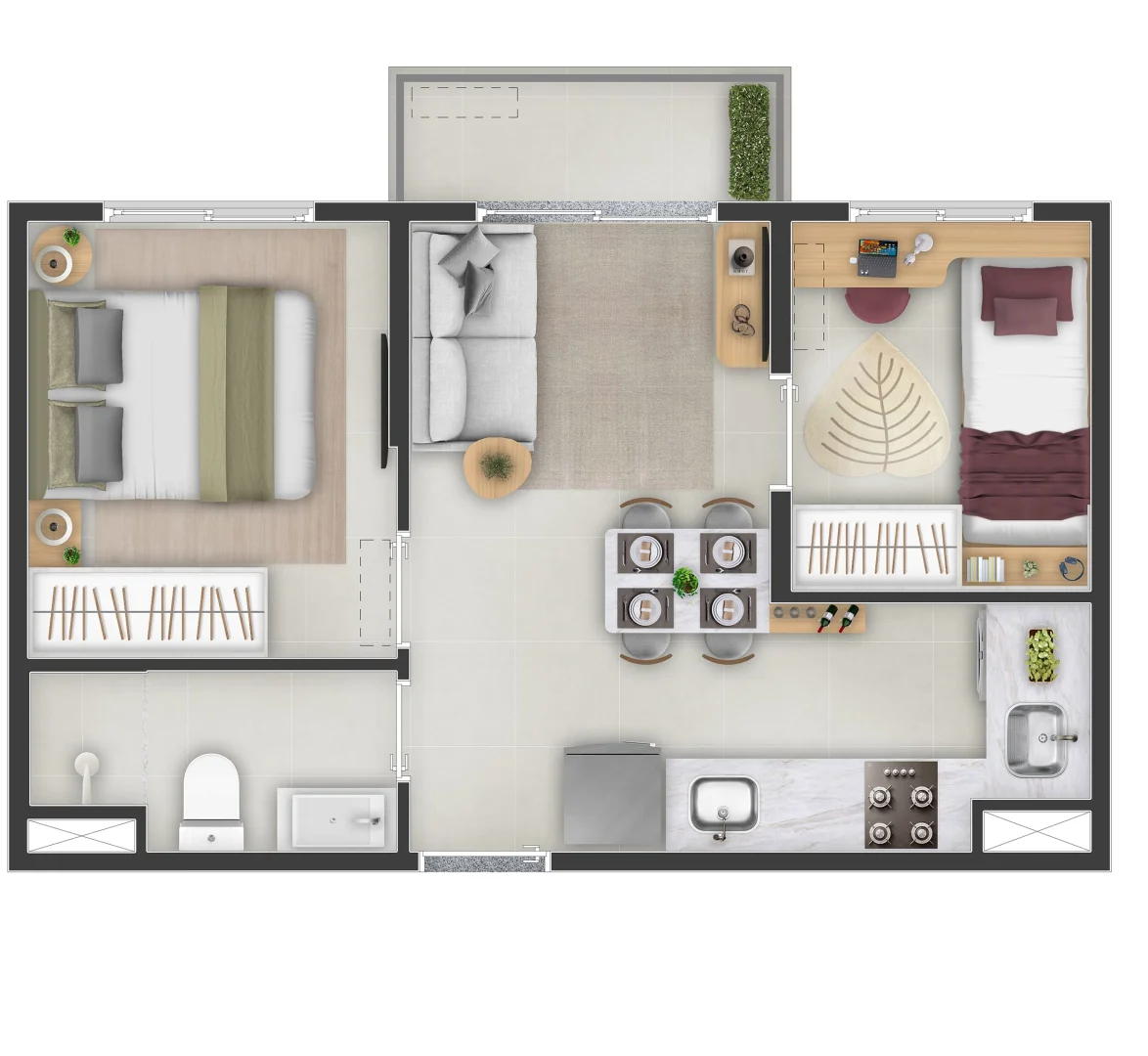 Planta Solaris Jardim Guedala, 2 dormitórios com varanda, unidade de meio